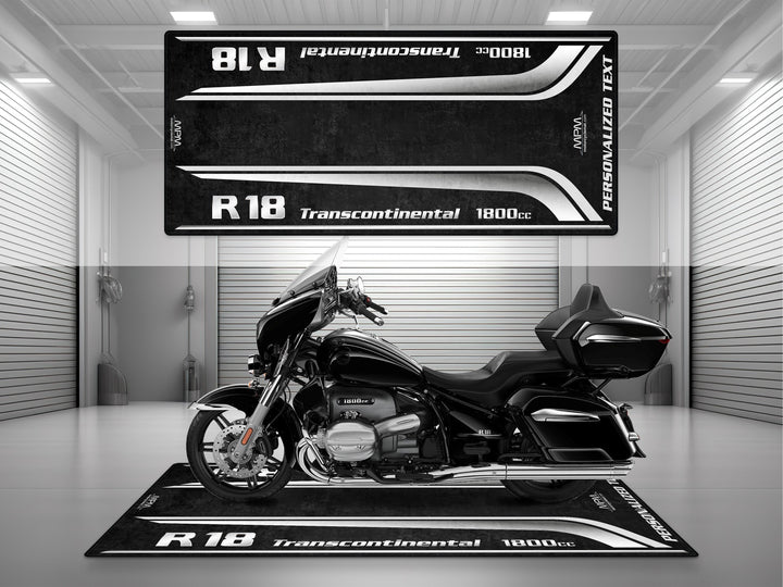 Personalized custom pit rug for BMW R18 Transcontinental Blackstorm Metallic. A perfect motorcycle gift and rider essentials piece.