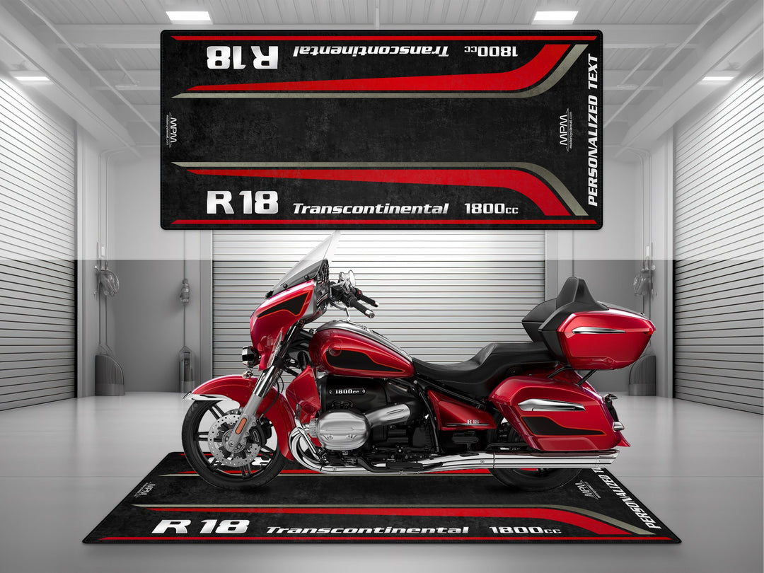  Custom pit rug for BMW R 18 Dragonfire Red. A premium motorcycle gift for touring riders and dual sport setup lovers.