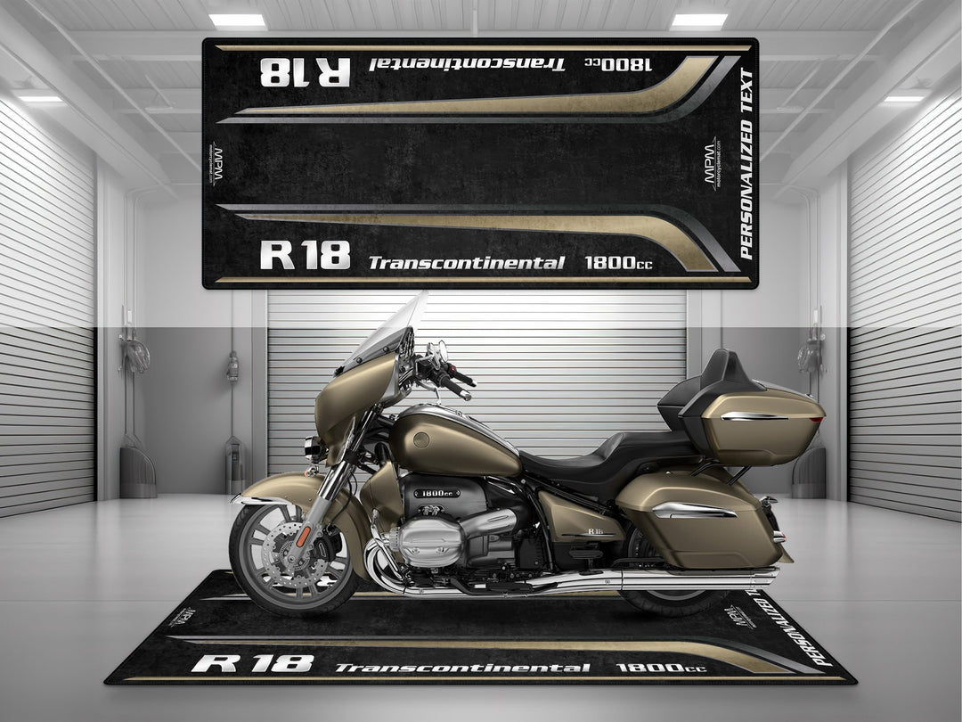 Personalized garage rug for BMW R 18 in Manhattan Matte. Motorcycle gear storage meets a custom pit rug look for dual sport setup.