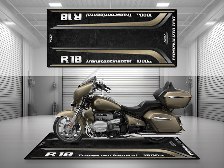 Personalized garage rug for BMW R 18 in Manhattan Matte. Motorcycle gear storage meets a custom pit rug look for dual sport setup.