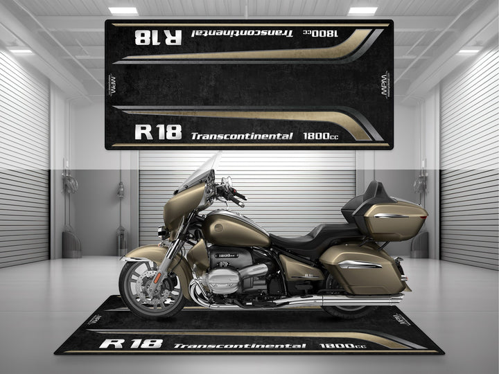 Manhattan Metallic Matte BMW R 18 parking mat and garage mat. Perfect for a stylish motorcycle display or racetrack-ready showroom.