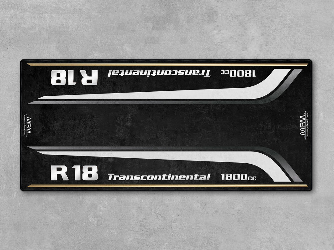 Option 719 Moonstone-themed garage mat and parking mat for BMW R18. Ideal for motorcycle display and racetrack-inspired bike zones.