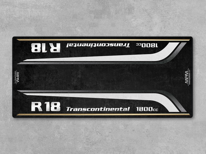 Option 719 Moonstone-themed garage mat and parking mat for BMW R18. Ideal for motorcycle display and racetrack-inspired bike zones.