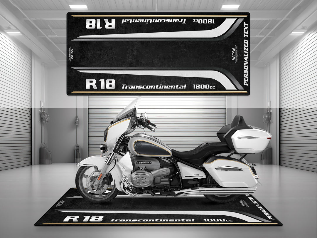 Custom pit rug for BMW R18 Moonstone. A unique carpet gift and motorcycle gear essential for parts layout and garage organization.