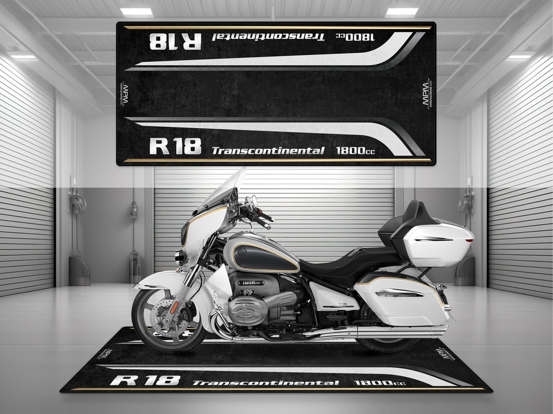 Option 719 Moonstone-themed garage mat and parking mat for BMW R18. Ideal for motorcycle display and racetrack-inspired bike zones.