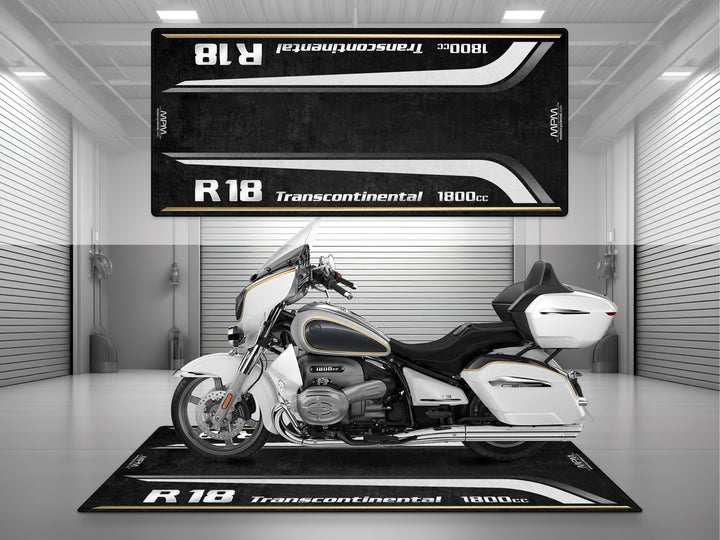 Option 719 Moonstone-themed garage mat and parking mat for BMW R18. Ideal for motorcycle display and racetrack-inspired bike zones.