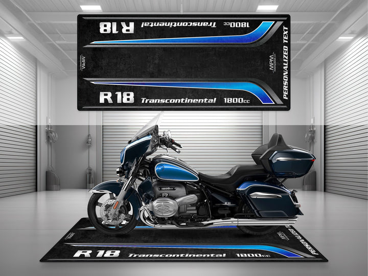 Personalized carpet mat for BMW R 18 Option 719 Tanzanite Blue. A rider essential and motorcycle gear base for track prep and touring parts.