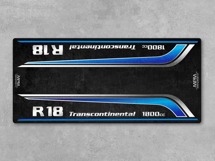 Racing Blue Metallic BMW R18 parking mat with showroom-grade Thermoplastic Rubber floor cover. Perfect for display or garage setups.