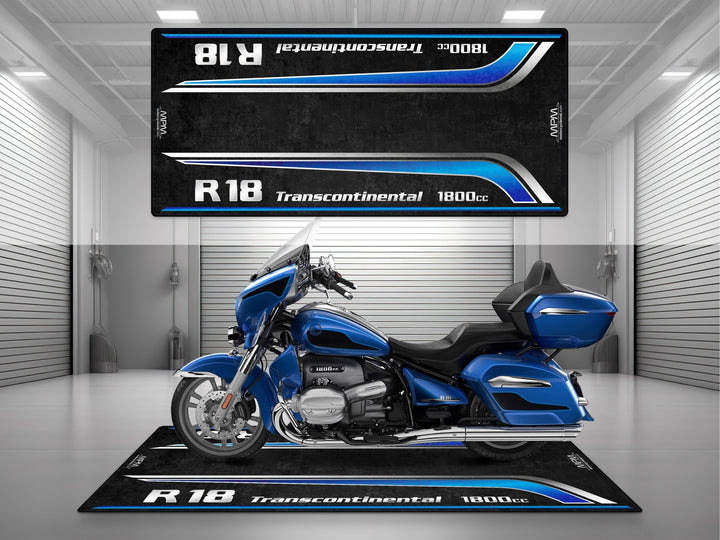 Racing Blue Metallic BMW R18 parking mat with showroom-grade Thermoplastic Rubber floor cover. Perfect for display or garage setups.