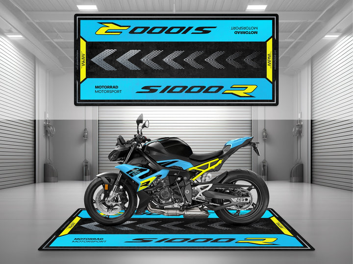 Premium garage mat for BMW S1000R Sport 3 – designed for racetrack feel in your showroom or bike zone