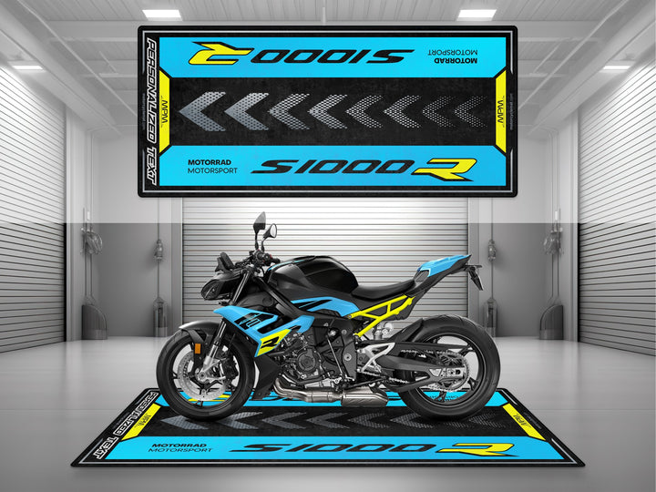 Custom pit rug crafted for BMW S1000R Sport 3. A great motorcycle gift and high-performance carpet accessory for your superbike garage.