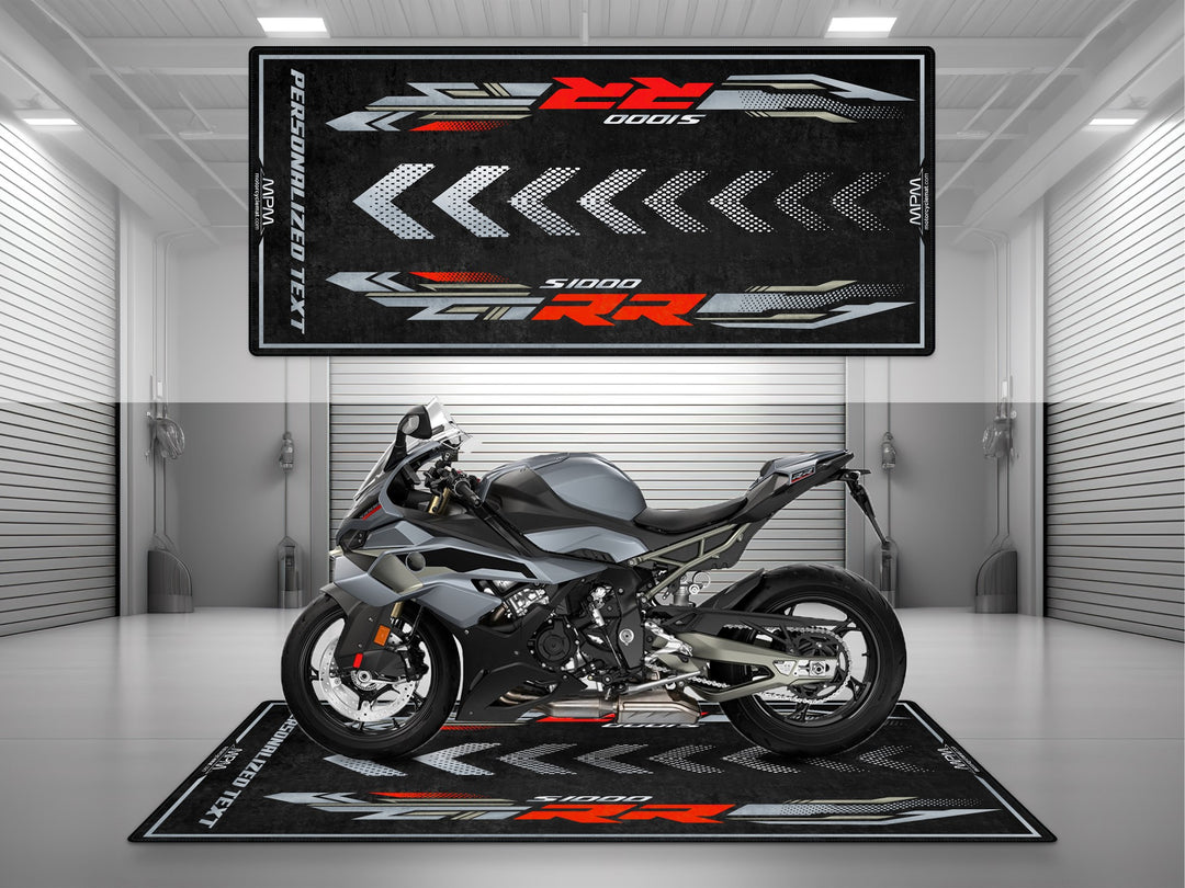 Personalized motorcycle display mat for BMW S1000RR 2025 – custom pit rug and rider essentials for motorsport enthusiasts.
