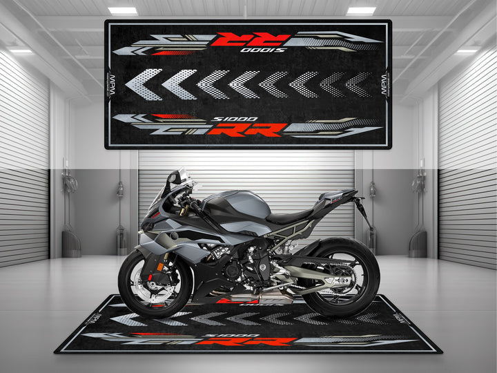 BMW S1000RR 2025 Sport garage mat – premium floor cover and parking mat for showroom, racetrack, or bike zone setup.
