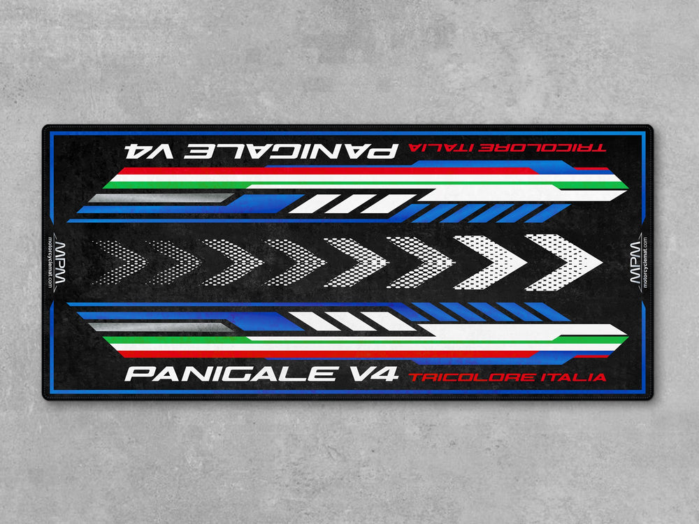 Floor cover for Ducati Panigale V4 Tricolore Italia – ideal for showroom, racetrack, or motorcycle display and rider gear zone.

