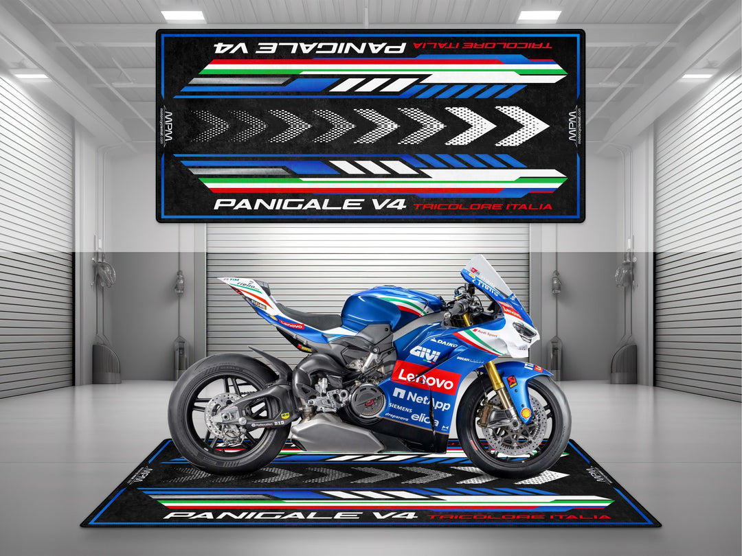 Ducati Panigale V4 Tricolore Italia showcased on a garage mat – perfect for parking mat setups and garage floor protection.
