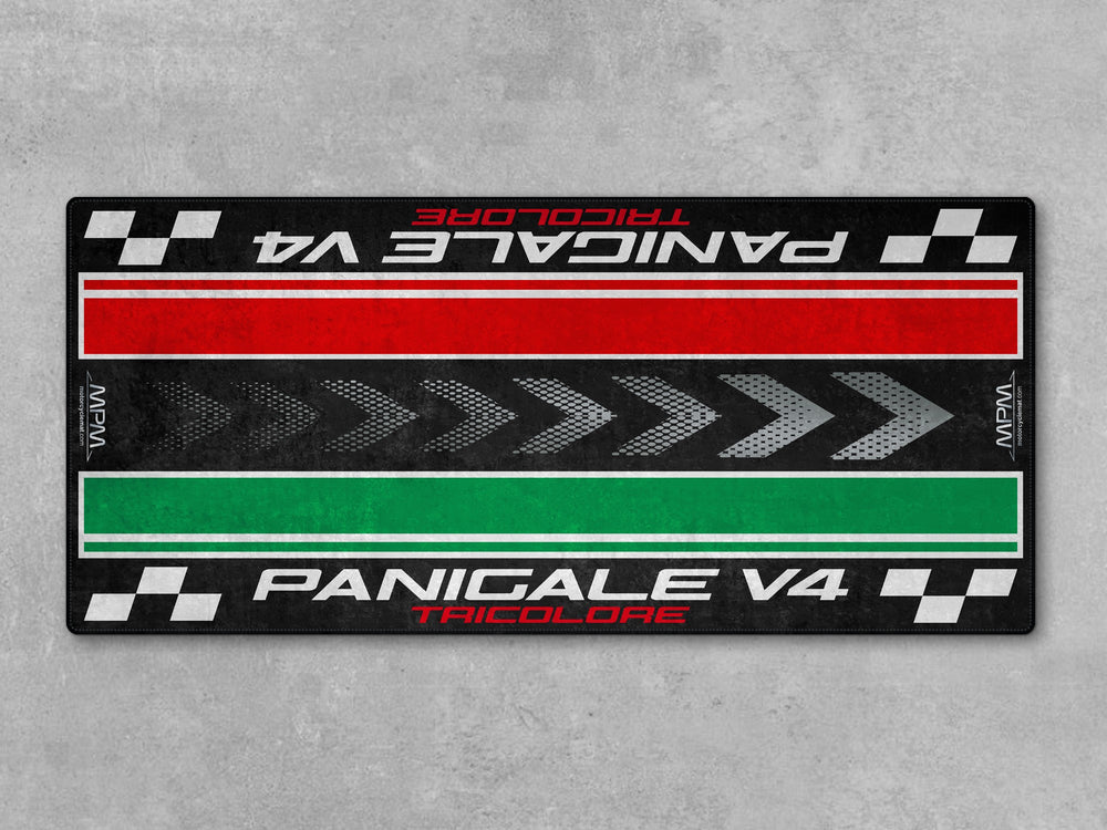 Ducati Panigale V4 Tricolore parking mat – perfect for motorcycle gear setup, pit mat use, and dual purpose as a gift or custom accessory.
