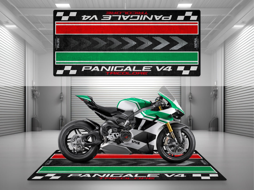 Garage mat for Ducati Panigale V4 Tricolore – ideal floor cover for showroom, racetrack, or garage floor protection with rider essentials.
