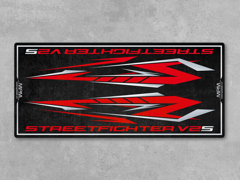Custom pit rug for Ducati Streetfighter V2S – ideal for track prep, parts storage, and bike zone setups, made with durable Thermoplastic Rubber.
