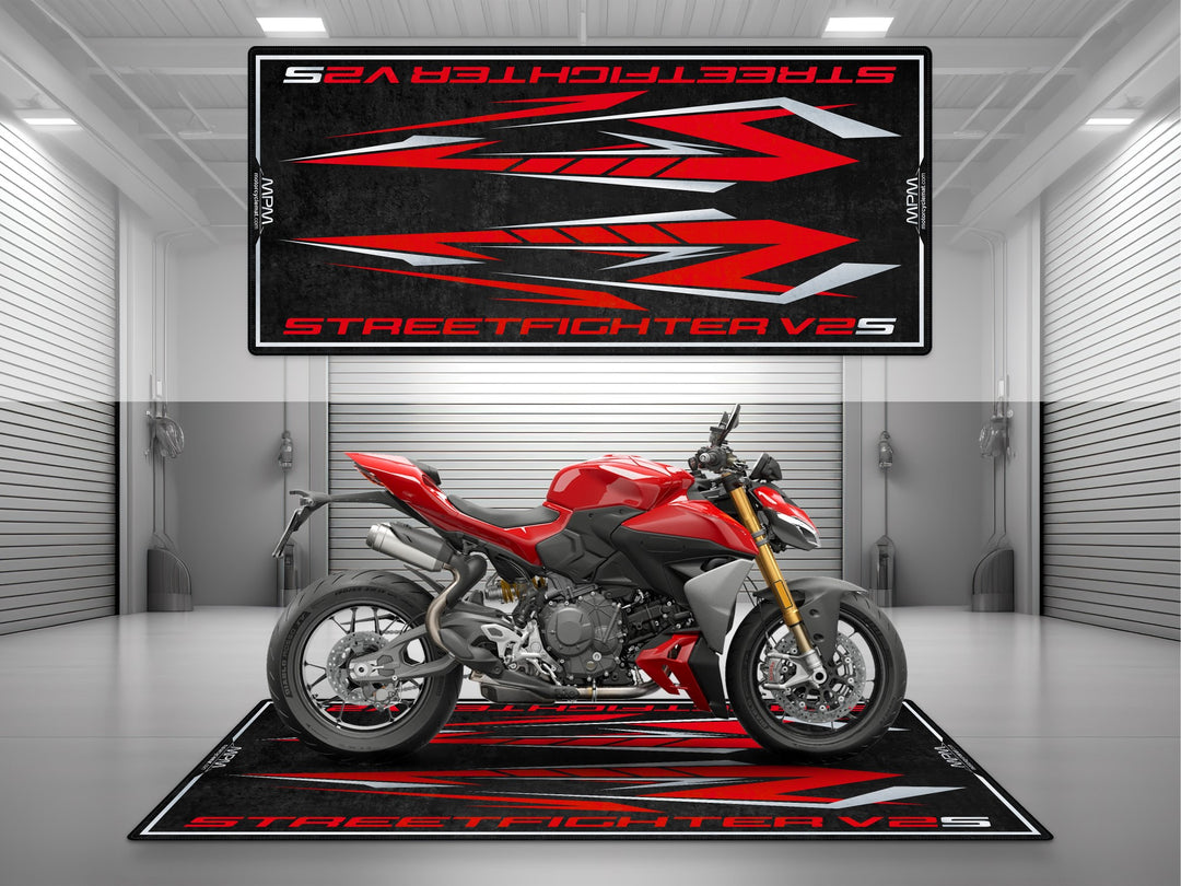 Garage mat for Streetfighter V2S – a rugged floor cover for parking, racetrack prep, and motorcycle display in your showroom or superbike garage.
