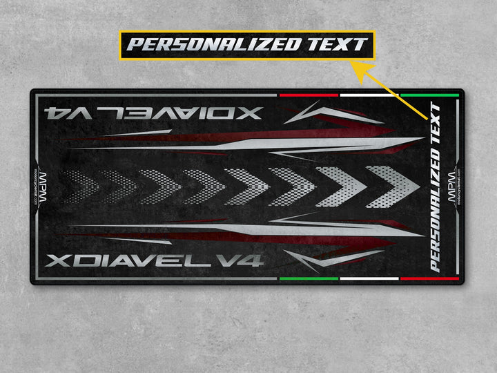 Garage floor protection mat for Ducati XDiavel V4. Motorcycle accessory with style—rug for parts, display, and pit mat use.
