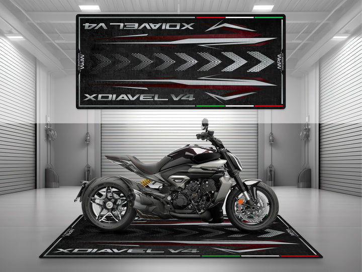 Personalized parking mat for Ducati XDiavel V4. Premium motorcycle display rug, perfect for pit mat setups or superbike garage floors.

