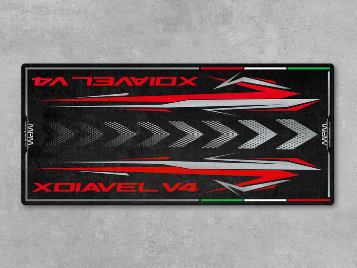 Superbike garage essential: Thermoplastic Rubber parking mat for XDiavel V4. Use as a pit mat or stylish garage floor cover.
