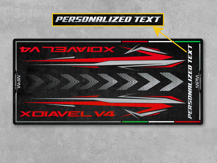 Personalized garage mat for Ducati XDiavel. A perfect gift and accessory for showroom looks, with rider essentials like parts & carpet display.
