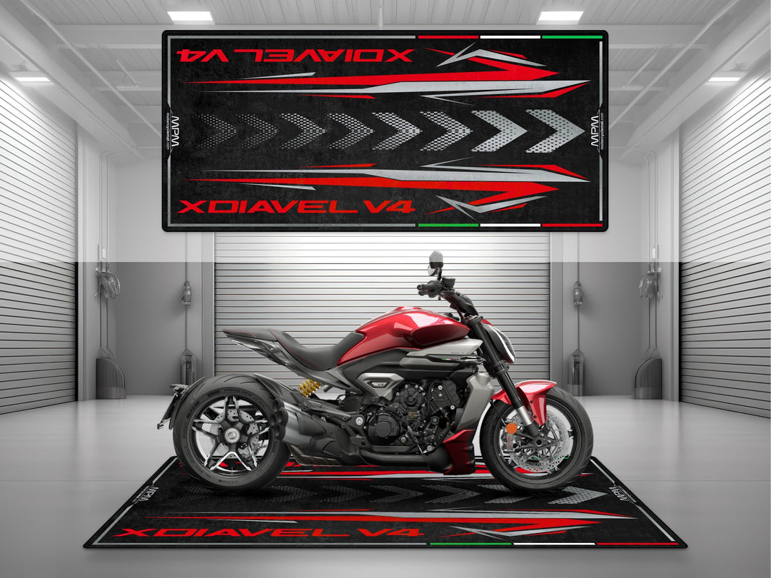 Custom pit rug for Ducati XDiavel V4 in Burning Red. Ideal motorcycle display mat for showroom, racetrack, or garage floor protection.
