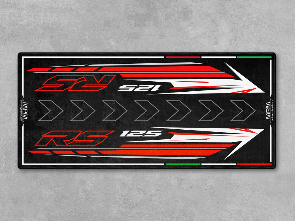 Aprilia RS 125 Kingsnake White garage mat. Rugged parking mat and floor pad made for riders needing parts storage, garage protection, and styling.

