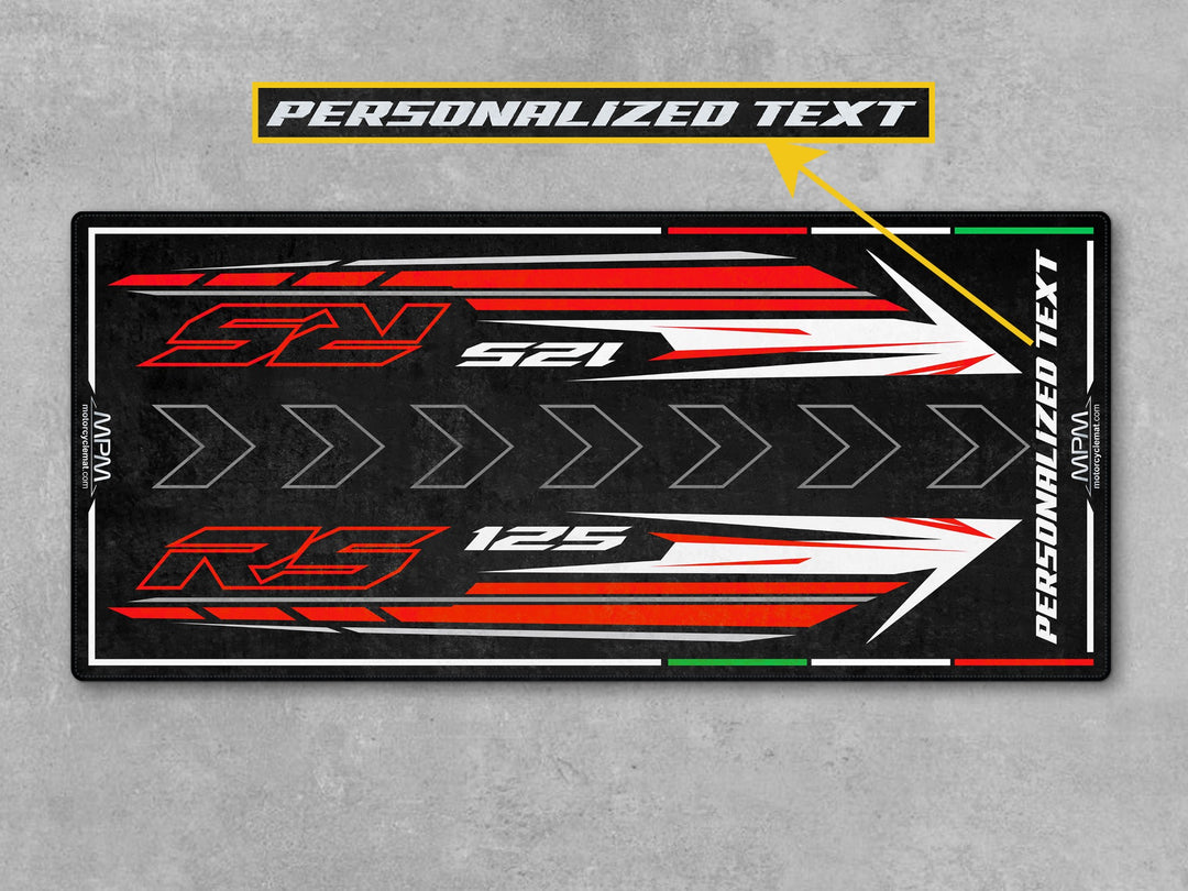 Custom garage mat for Aprilia RS 125 Kingsnake White. Unique parts accessory, parking pad, and sportbike display gift for garage floor setups.
