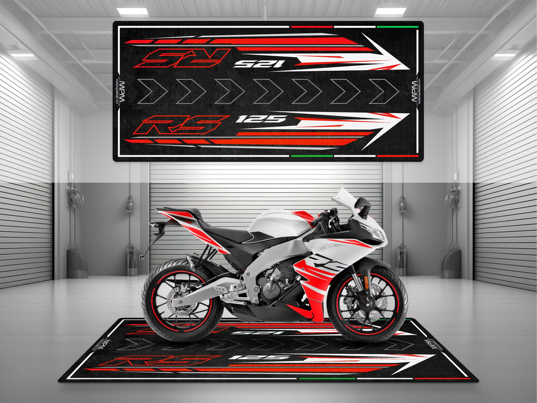 Garage and parking mat for Aprilia RS 125 Kingsnake White. Floor cover gift and motorcycle parts accessory for sportbike protection and display setup.
