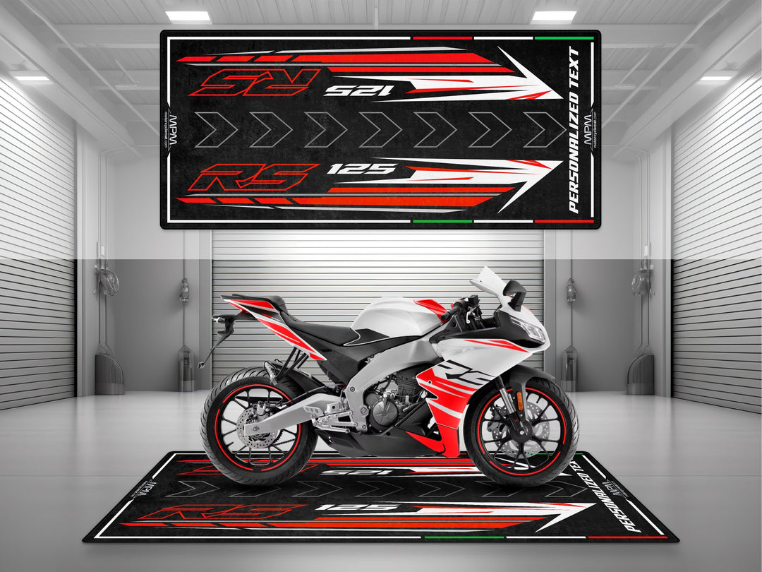 Personalized parking mat for Aprilia RS 125 Kingsnake White. Custom floor cover, motorcycle gift, and garage mat for parts protection and rider style.
