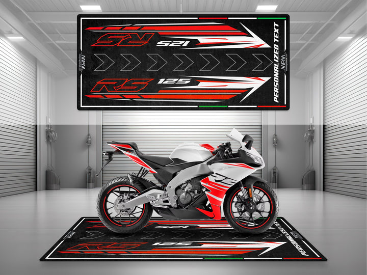 Personalized parking mat for Aprilia RS 125 Kingsnake White. Custom floor cover, motorcycle gift, and garage mat for parts protection and rider style.
