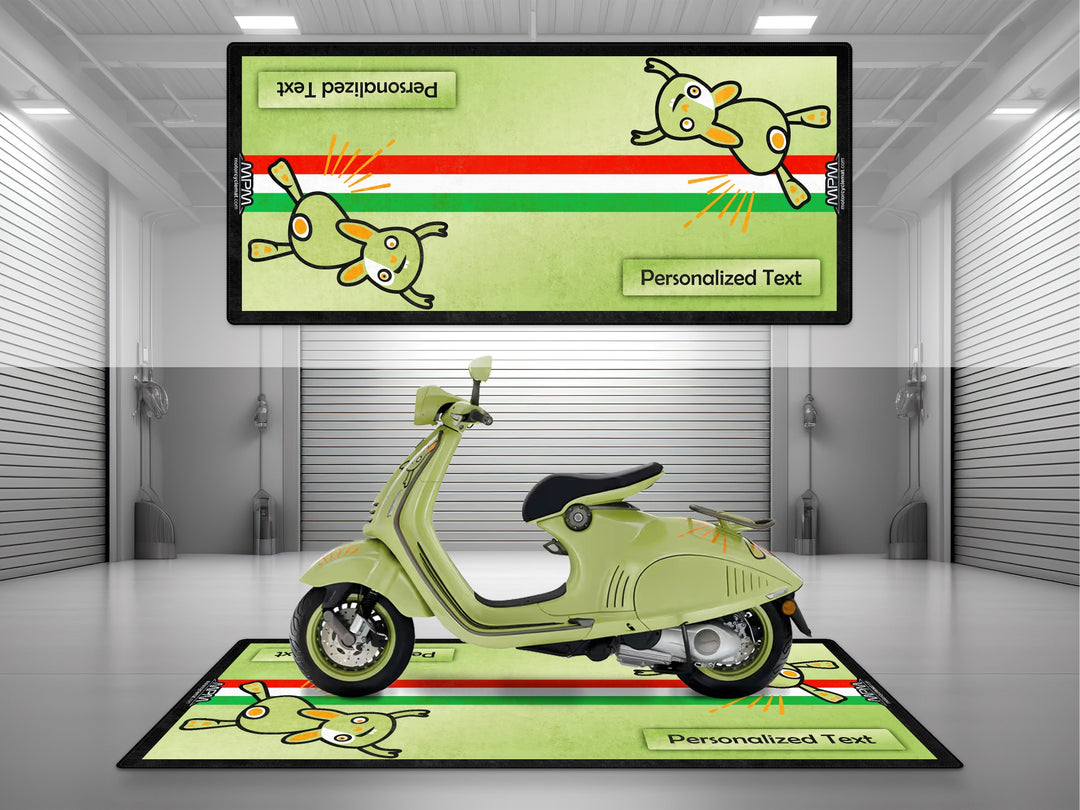 Custom pit rug with Vespa Bunny art. Perfect gift for Vespa lovers, stylish carpet for parts corner or bike zone decor.
