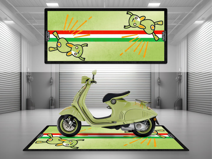 Vespa Bunny garage mat with Thermoplastic Rubber. A fun floor cover and parking mat for showroom, pit mat setups, or racetrack display.

