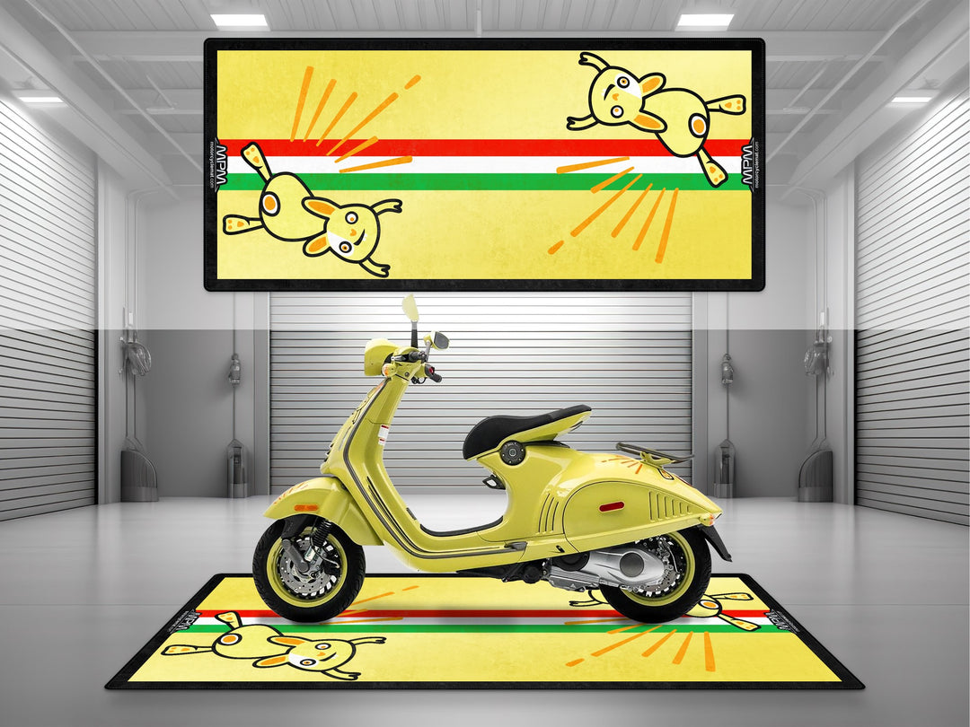Cute Vespa Bunny rug for superbike garage or parking mat use. Washable, non-slip floor cover designed for motorcycle gear fans.
