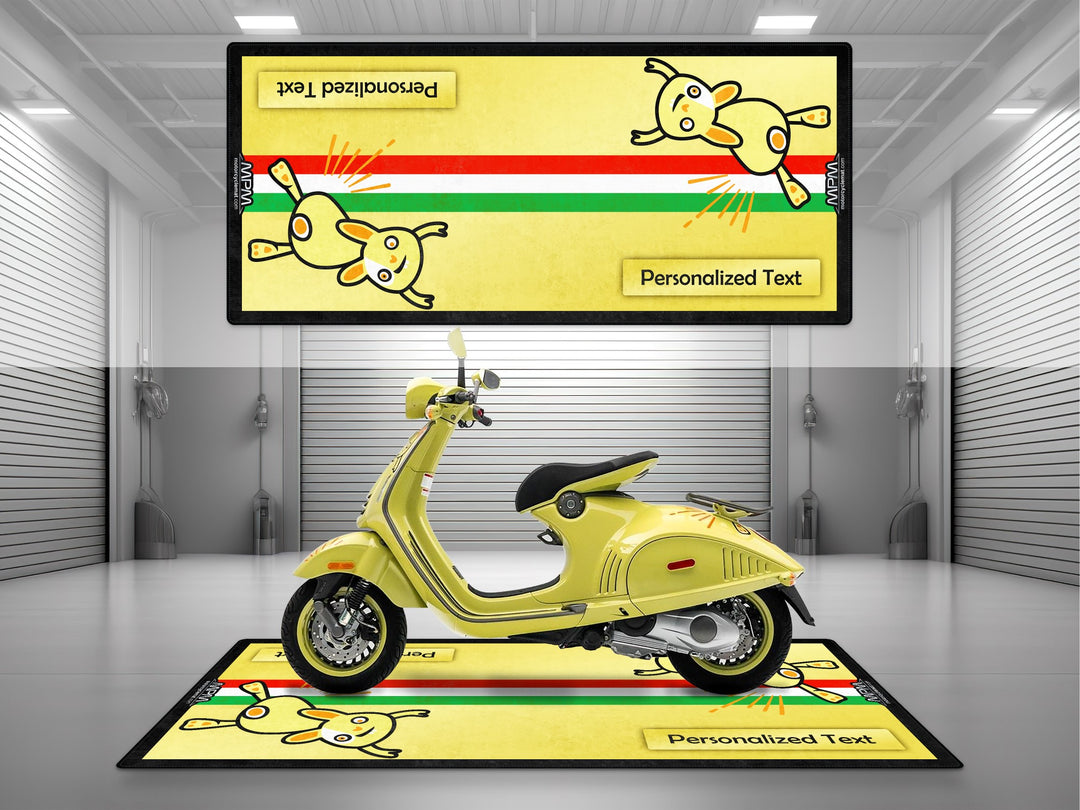 Yellow scooter on a matching rug with cartoon characters and text in a modern indoor setting