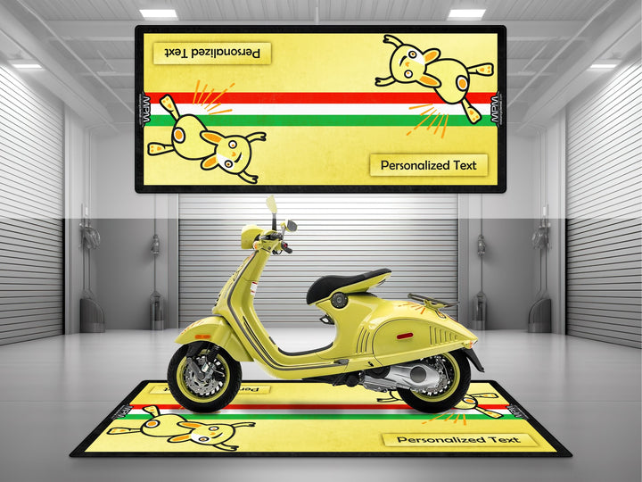 Yellow scooter on a matching rug with cartoon characters and text in a modern indoor setting