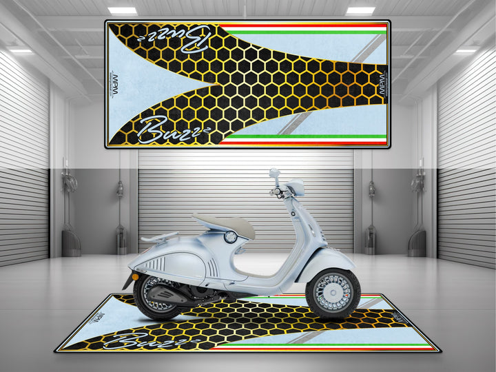 Custom garage mat for Vespa 946 Snake. Thermoplastic Rubber base provides garage floor protection and non-slip parking surface.
