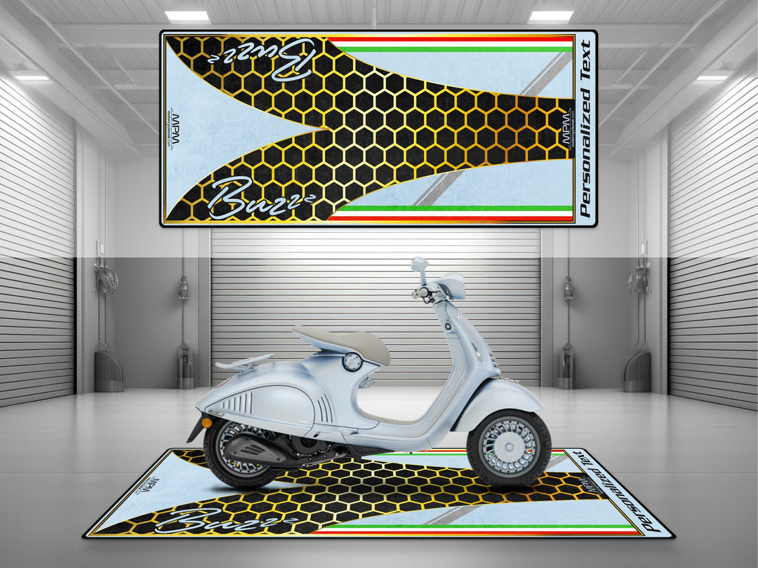 Floor cover with unique design for Vespa 946. This showroom-ready carpet is perfect for racetrack setups and rider essentials.
