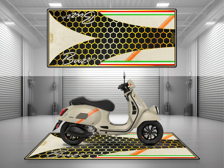 Garage mat for Vespa GTV with Thermoplastic Rubber base. Ideal floor cover for parking mat setups or stylish motorcycle display zones.
