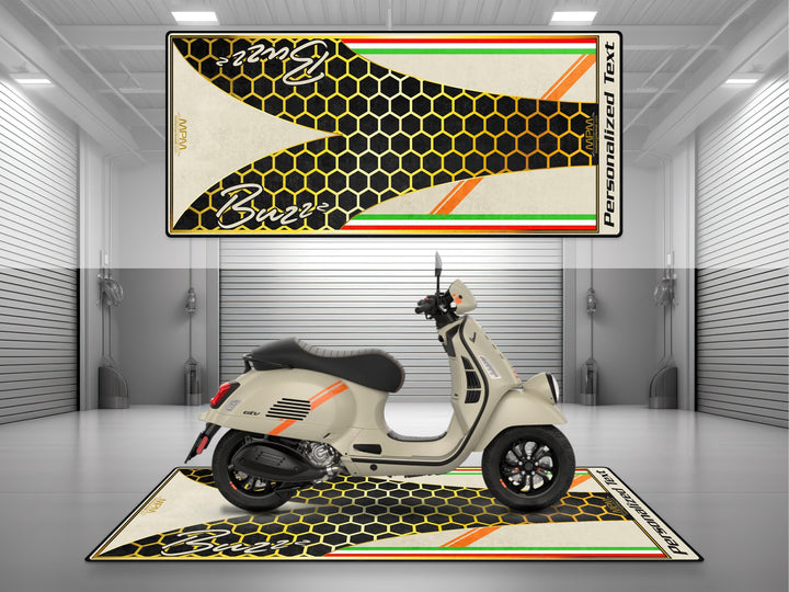 Vespa GTV parking mat designed for garage floor protection. Washable rug doubles as a unique gift and parts corner accessory.
