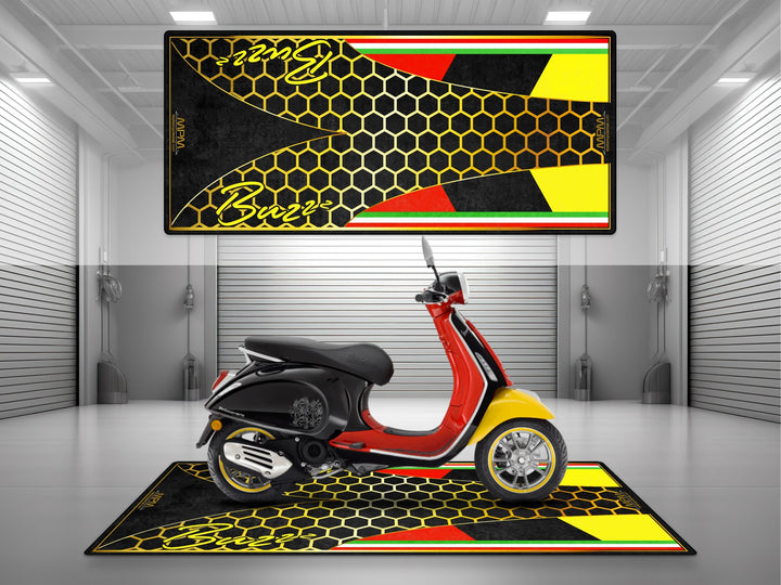 Custom garage mat for Vespa Primavera. Non-slip parking mat and floor cover for garage floor protection. A fun gift and stylish accessory.
