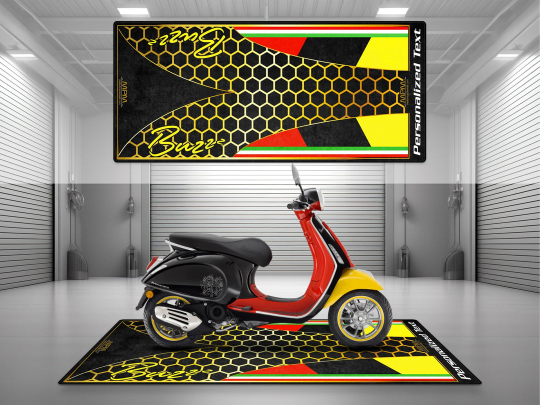 MPM Custom Works mat for Vespa fans. Designed with Thermoplastic Rubber for garage floor protection, parts safety, and rider essentials.
