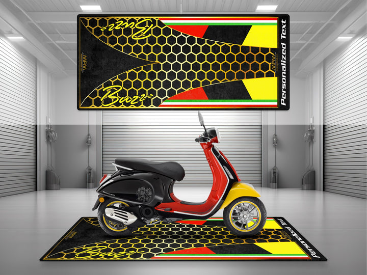 MPM Custom Works mat for Vespa fans. Designed with Thermoplastic Rubber for garage floor protection, parts safety, and rider essentials.
