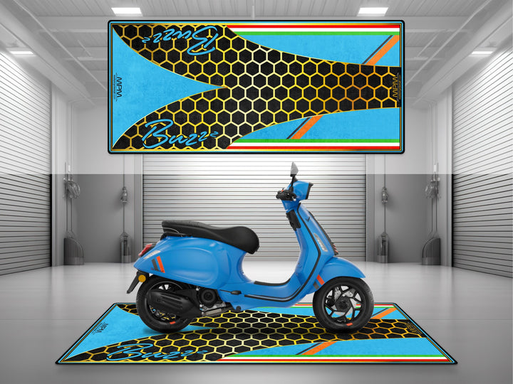 Garage mat designed for Vespa Sprint. Features Thermoplastic Rubber base for garage floor protection and stylish motorcycle display.
