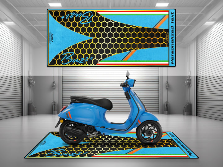 Showroom-quality pit mat for Vespa Sprint. Non-slip carpet ideal for racetrack use, track prep, or bike zone display.
