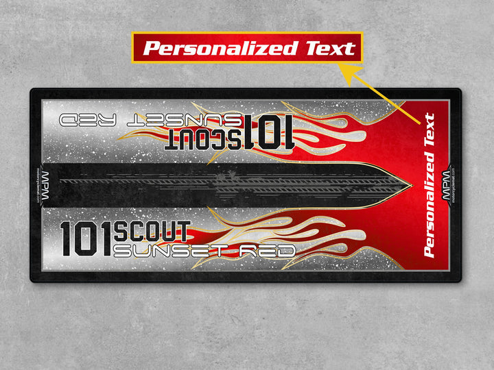 101 Scout Ghost White motorcycle display mat – custom garage pit rug, parking carpet, showroom bike zone floor cover.
