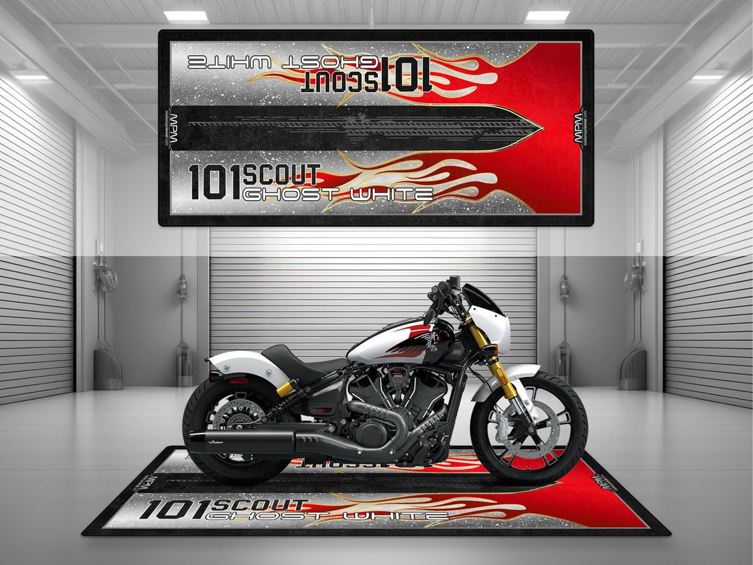 indian 101 Scout Ghost White motorcycle garage mat – parking rug, showroom floor cover, pit mat, garage decor, rider essentials.
