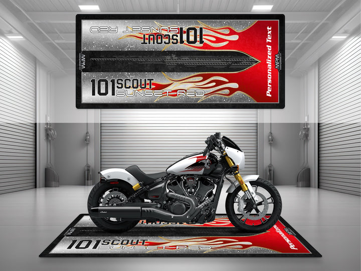 indian 101 Scout Ghost White motorcycle garage mat – personalized custom pit rug, rider accessory, track prep floor protection.
